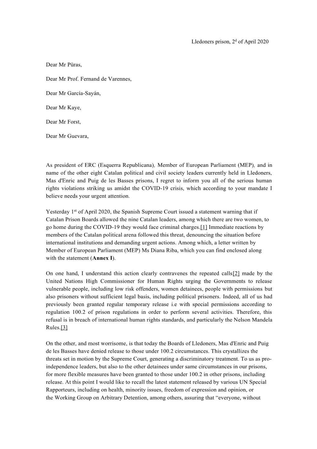 Letter from Oriol Junqueras to The