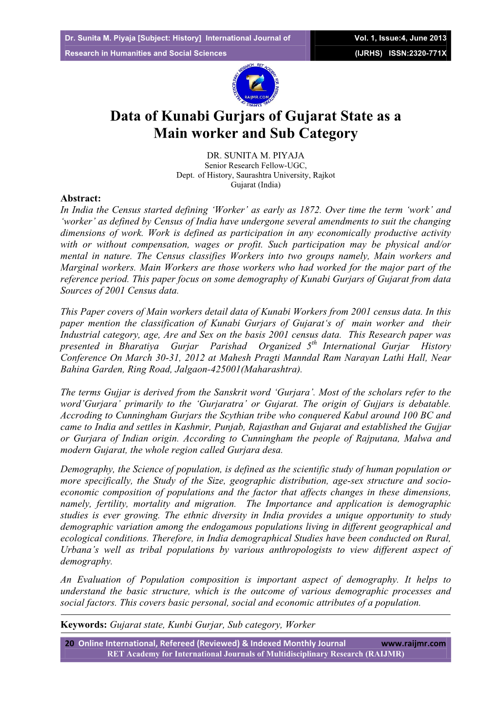 Data of Kunabi Gurjars of Gujarat State As a Main Worker and Sub Category