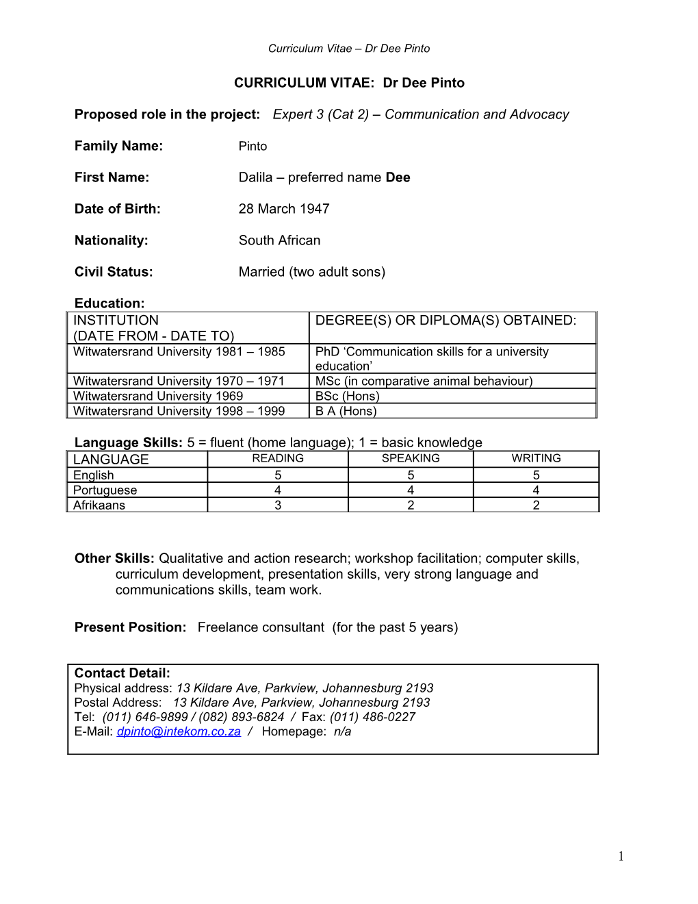 CURRICULUM VITAE: Dr Dee Pinto