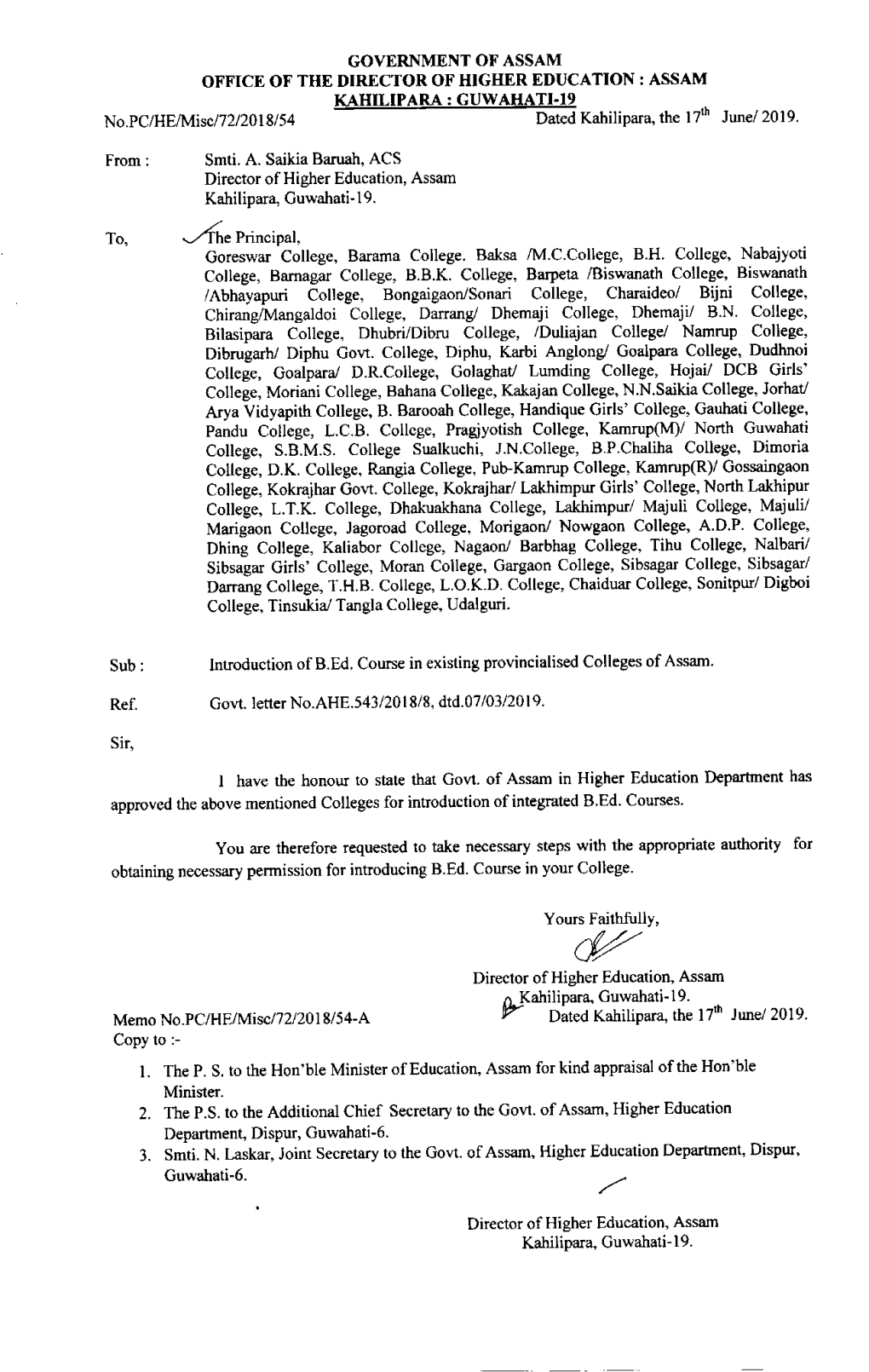 B.Ed Course in Existing Provincialised Colleges of Assam