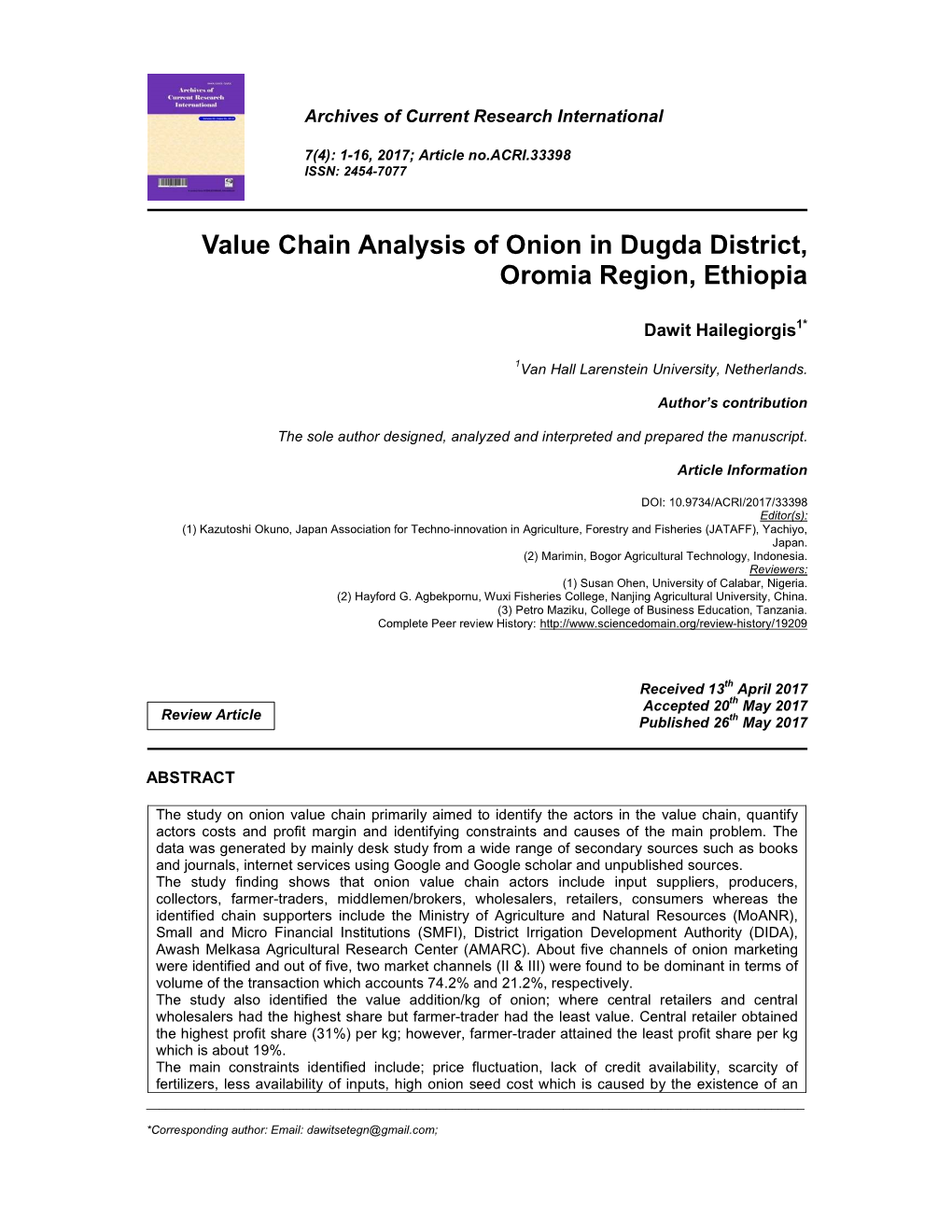 Value Chain Analysis of Onion in Dugda District, Oromia Region, Ethiopia