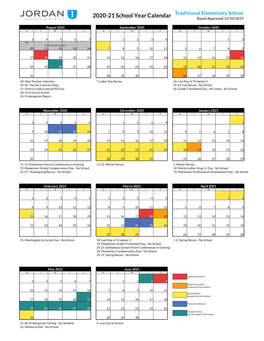 2020-21 School Year Calendar Board Approved 12/10/2019