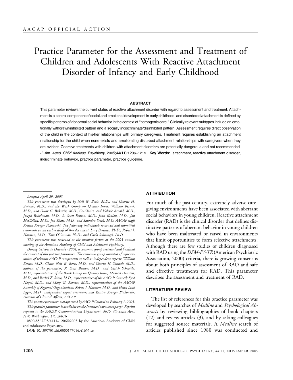 Practice Parameter for the Assessment and Treatment of Children and Adolescents with Reactive Attachment Disorder of Infancy and Early Childhood
