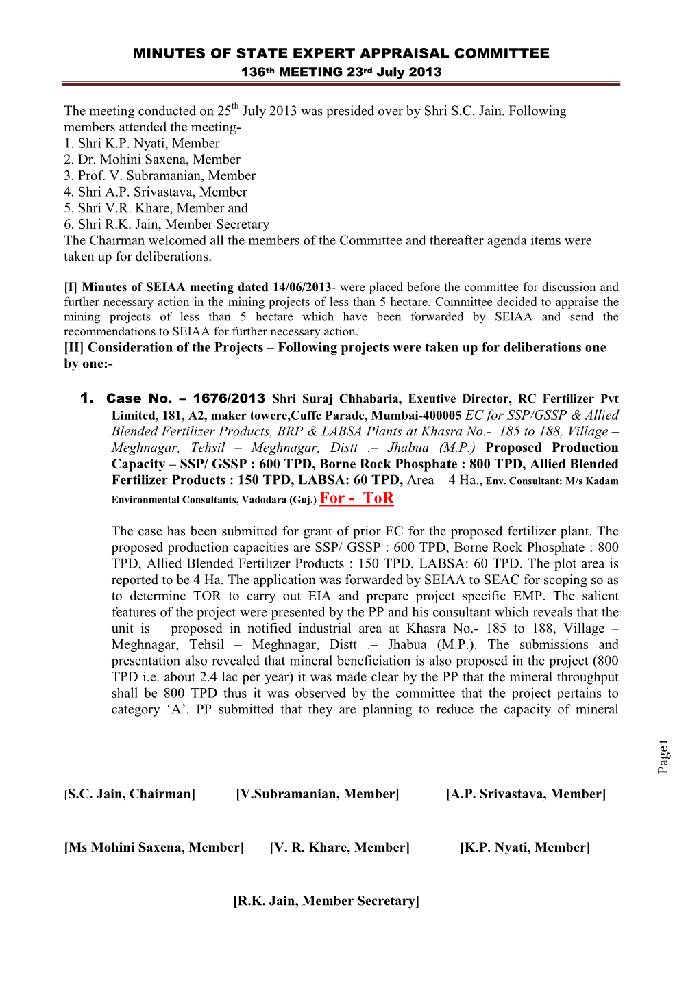 Minutes of State Expert Appraisal Committee [S.C