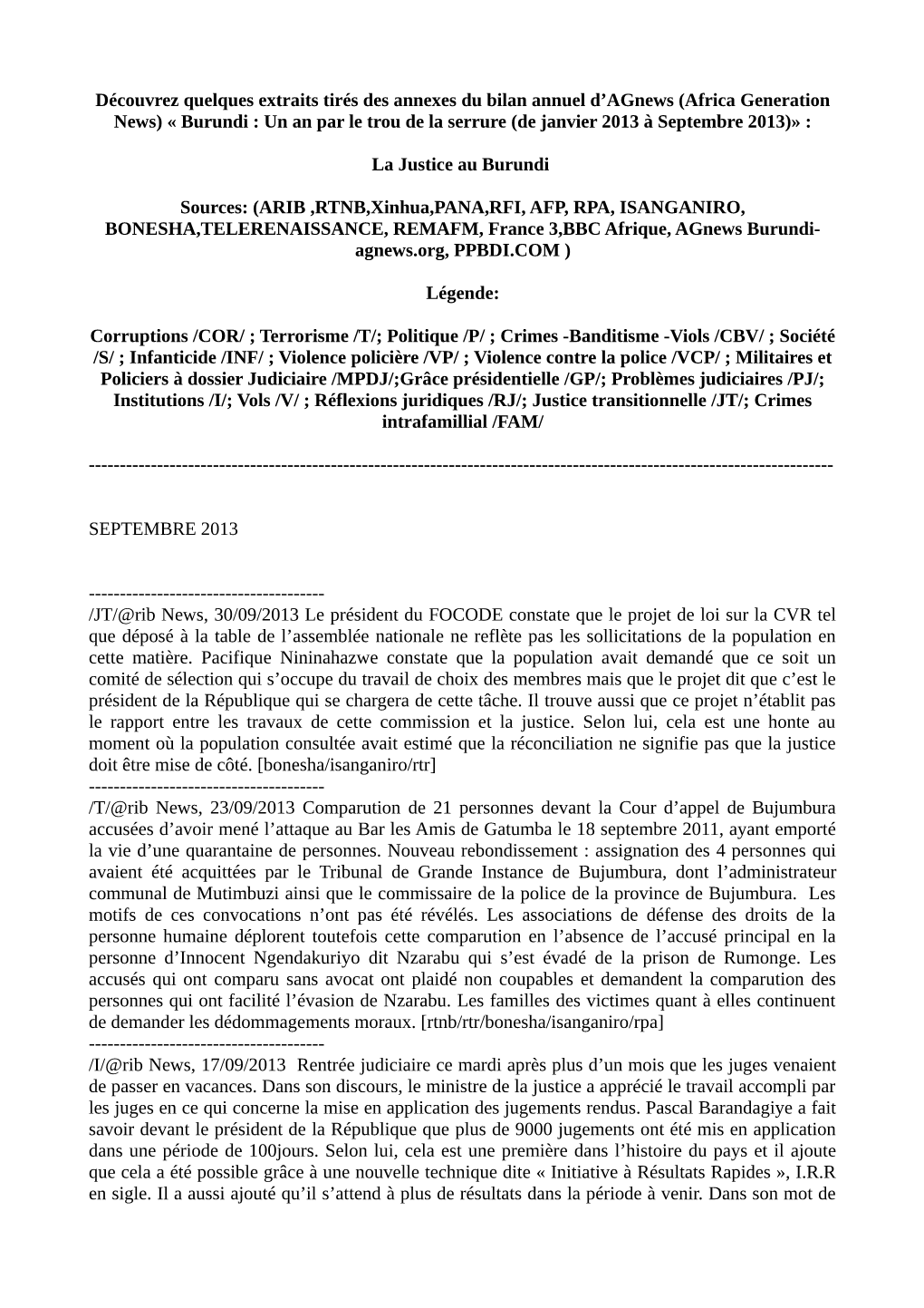 Africa Generation News) « Burundi : Un an Par Le Trou De La Serrure (De Janvier 2013 À Septembre 2013)»