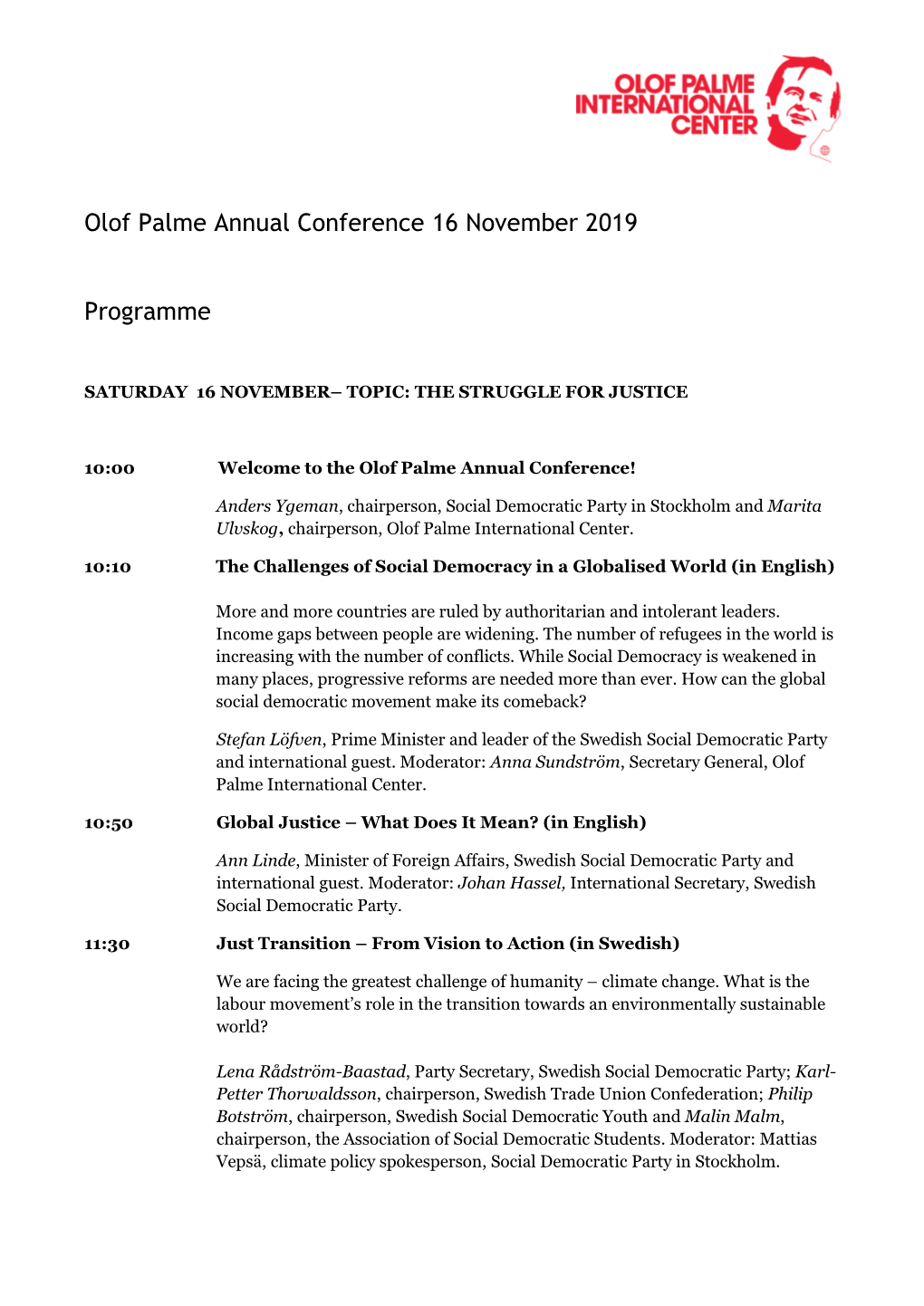 Olof Palme Annual Conference 16 November 2019 Programme