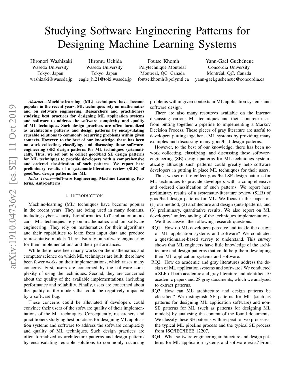 Studying Software Engineering Patterns for Designing Machine Learning Systems