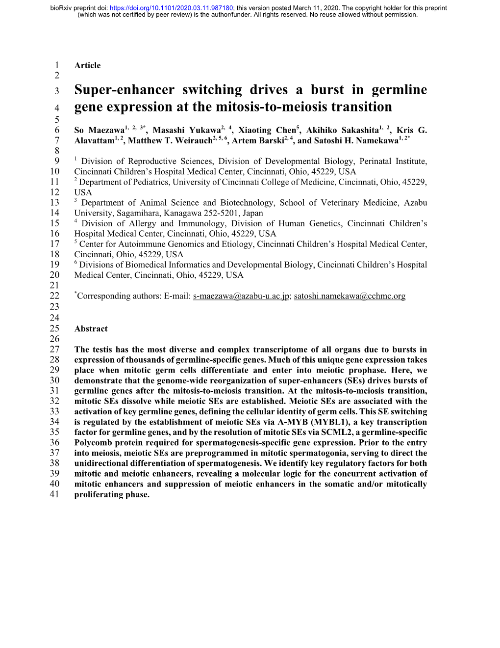 Super-Enhancer Switching Drives a Burst in Germline Gene Expression