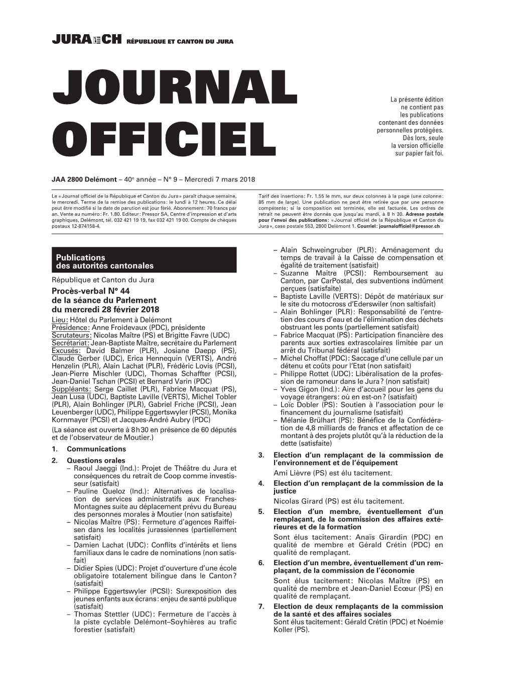 Journal Officiel De La République Et Canton Du Jura » Paraît Chaque Semaine, Tarif Des Insertions : Fr