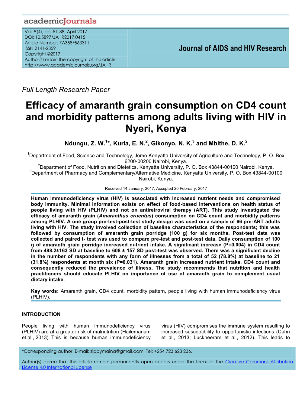 Efficacy of Amaranth Grain Consumption on CD4 Count and Morbidity Patterns Among Adults Living with HIV in Nyeri, Kenya