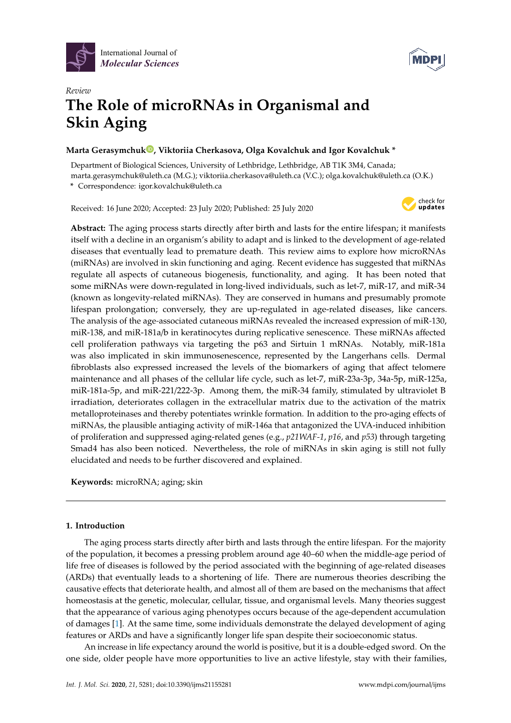 The Role of Micrornas in Organismal and Skin Aging