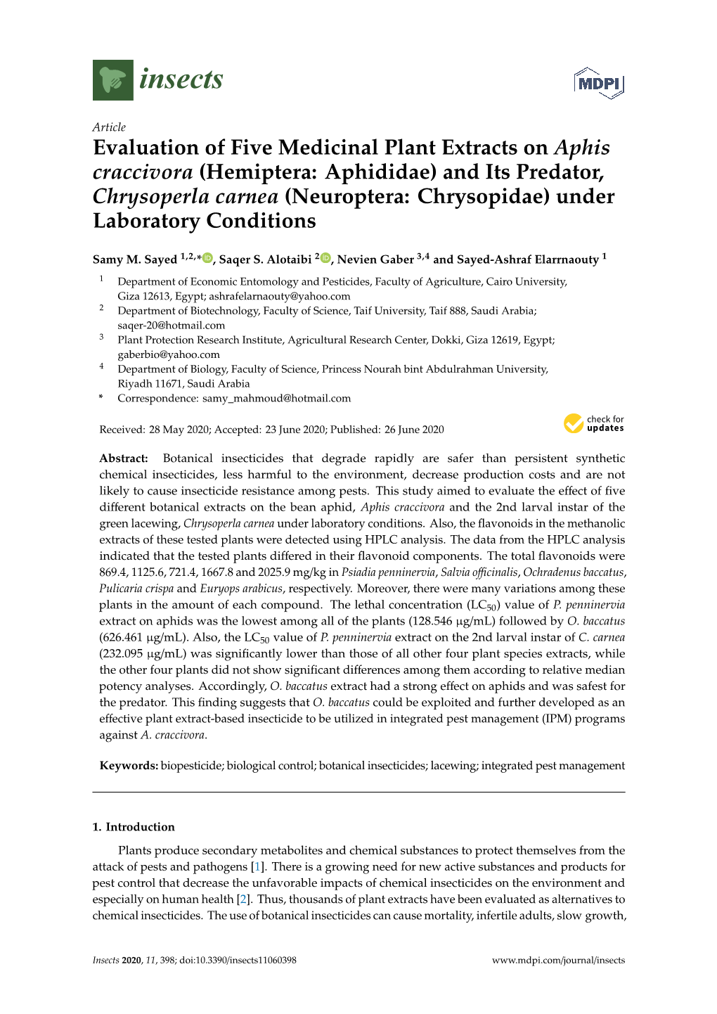Evaluation of Five Medicinal Plant Extracts on Aphis Craccivora