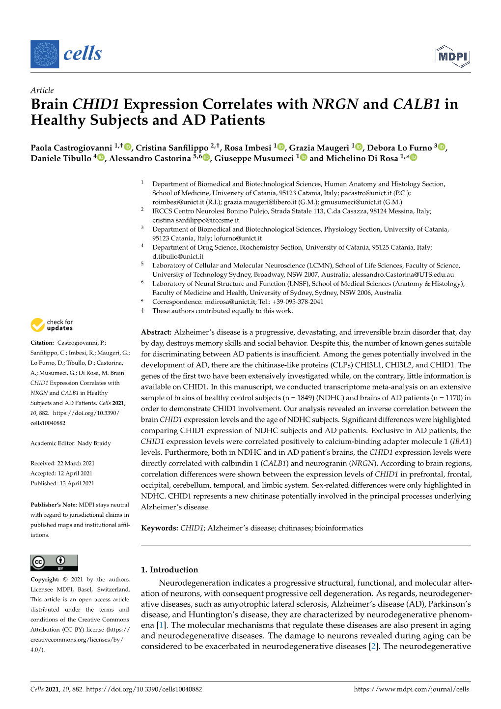 Brain CHID1 Expression Correlates with NRGN and CALB1 in Healthy Subjects and AD Patients