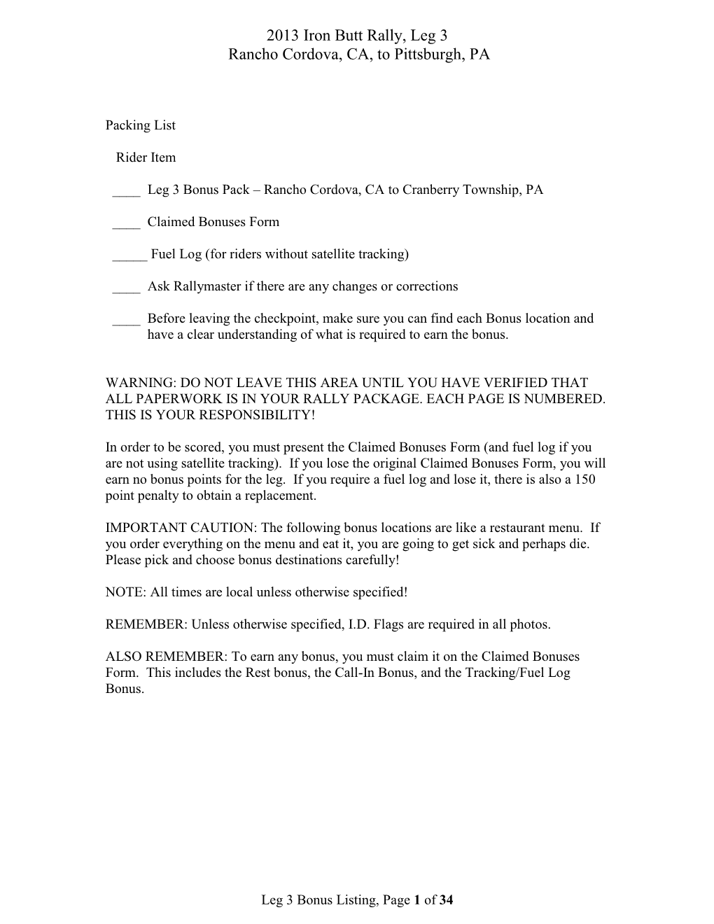 Leg 3 Bonus Listing, Page 1 of 34 2013 Iron Butt Rally, Leg 3 Rancho Cordova, CA, to Pittsburgh, PA