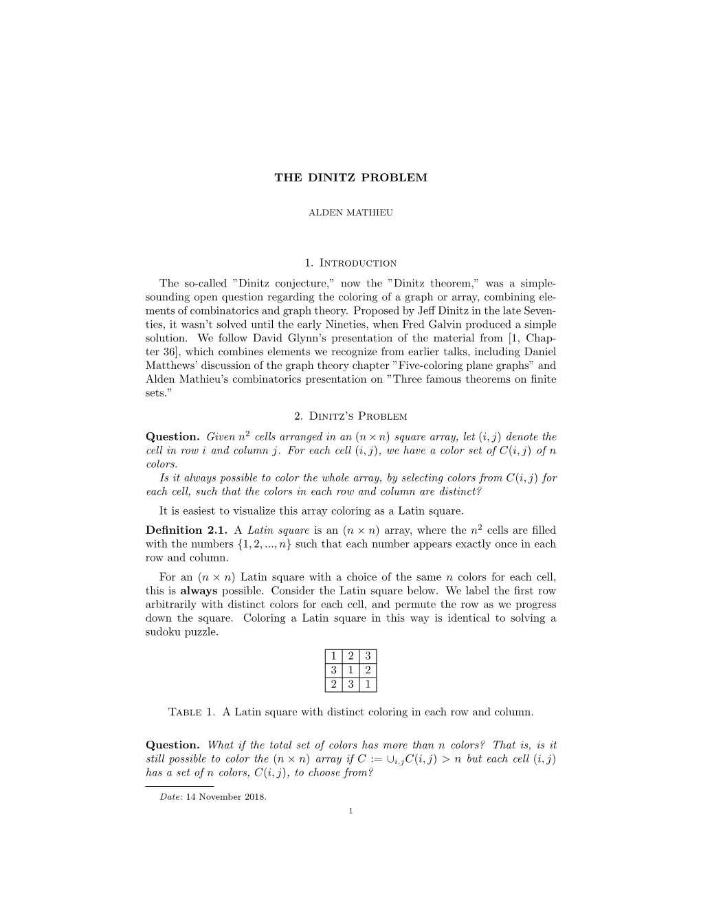 Now the ”Dinitz Theorem,” Was a Simple- Sounding Open Question Regarding the Coloring of a Graph Or Array, Combining Ele- Ments of Combinatorics and Graph Theory