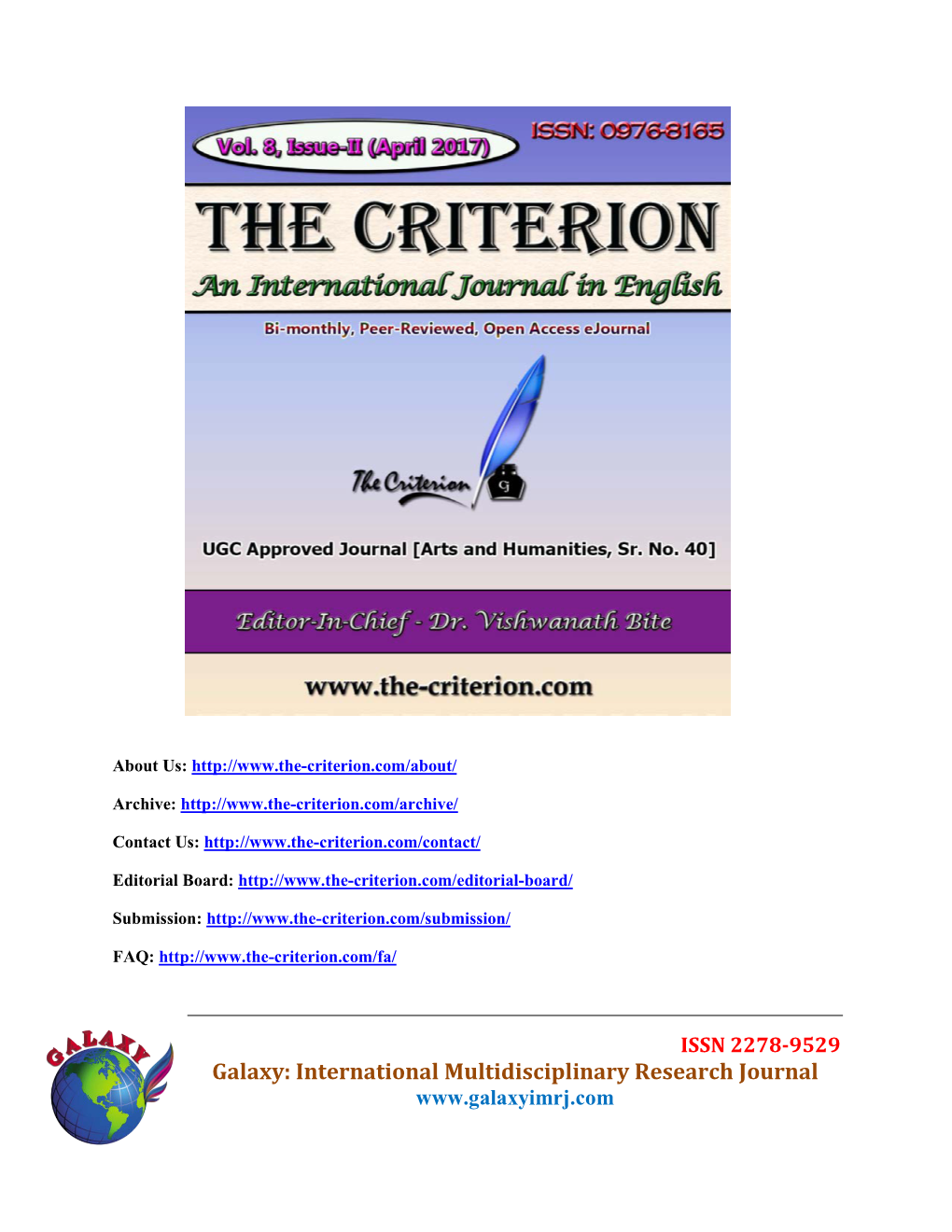 Galaxy: International Multidisciplinary Research Journal the Criterion: an International Journal in English Vol