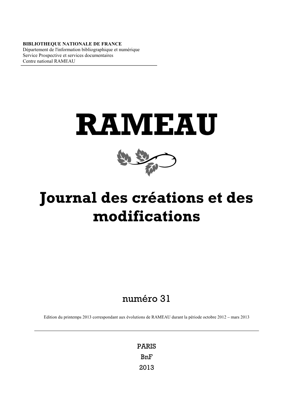 Journal RAMEAU Des Créations Et Des Modifications