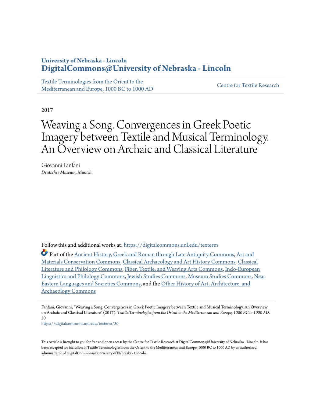 Weaving a Song. Convergences in Greek Poetic Imagery Between Textile and Musical Terminology