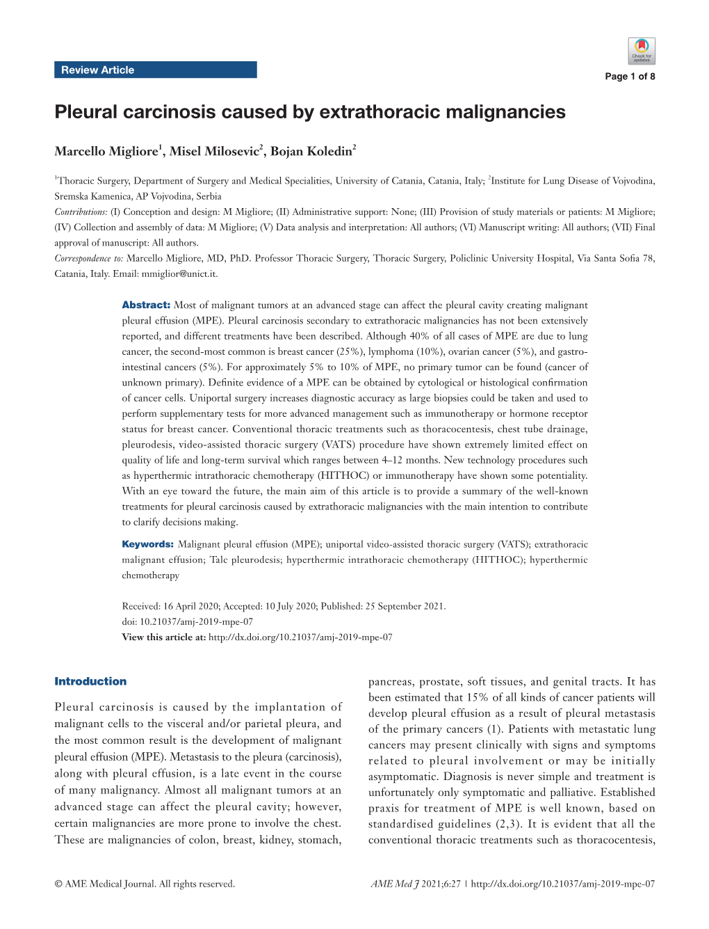 Pleural Carcinosis Caused by Extrathoracic Malignancies