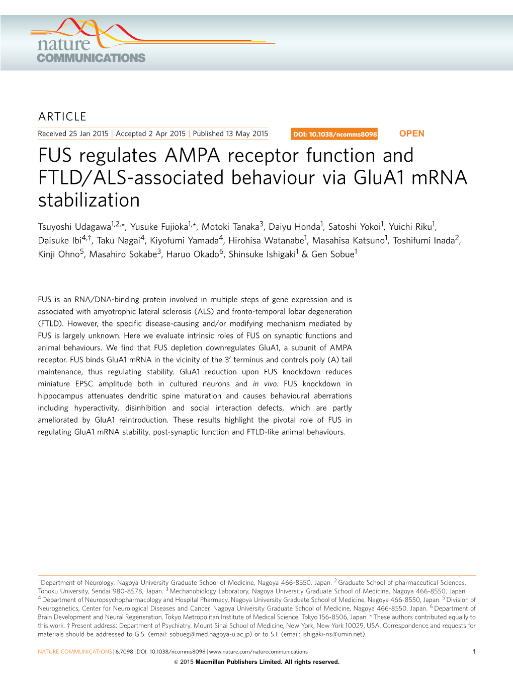 FUS Regulates AMPA Receptor Function and FTLD/ALS-Associated Behaviour Via Glua1 Mrna Stabilization