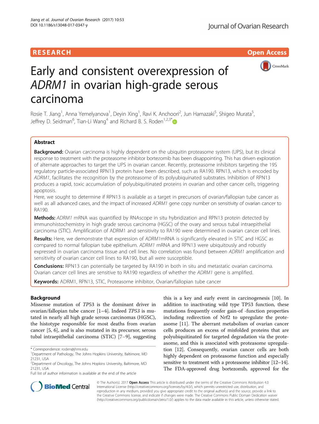 Early and Consistent Overexpression of ADRM1 in Ovarian High-Grade Serous Carcinoma Rosie T