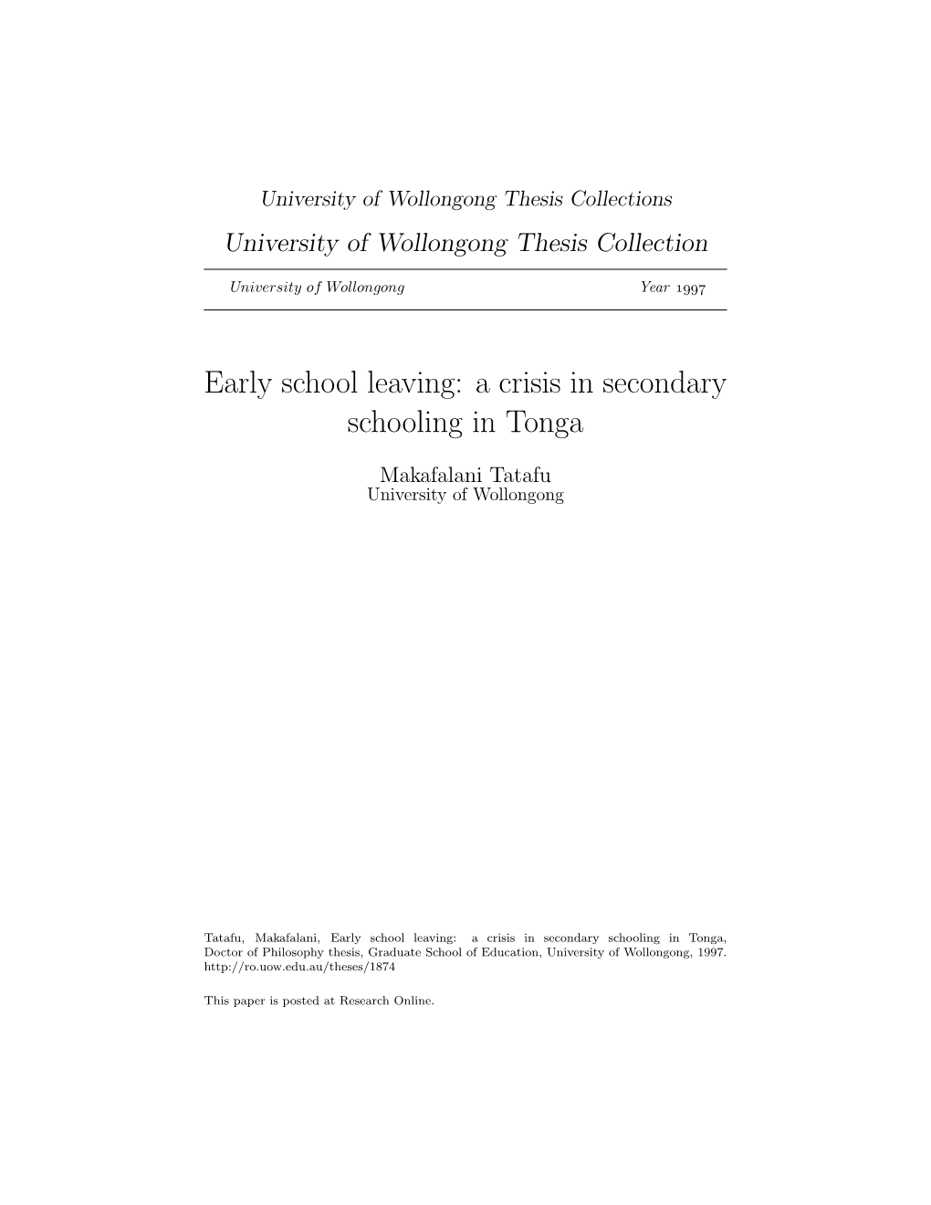 Early School Leaving: a Crisis in Secondary Schooling in Tonga