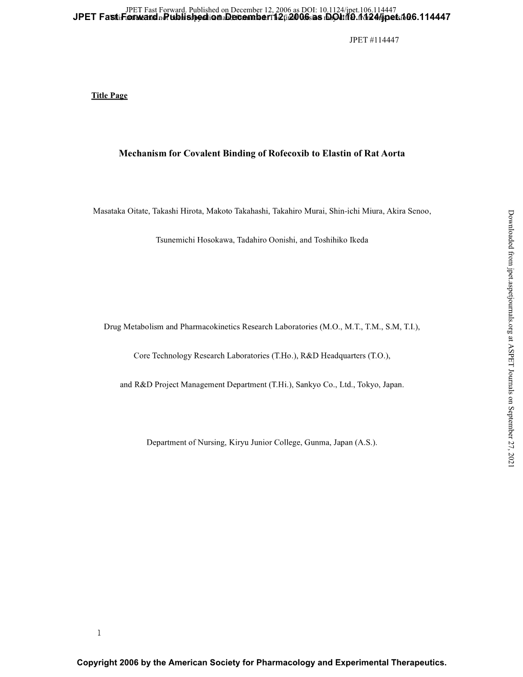 Mechanism for Covalent Binding of Rofecoxib to Elastin of Rat Aorta