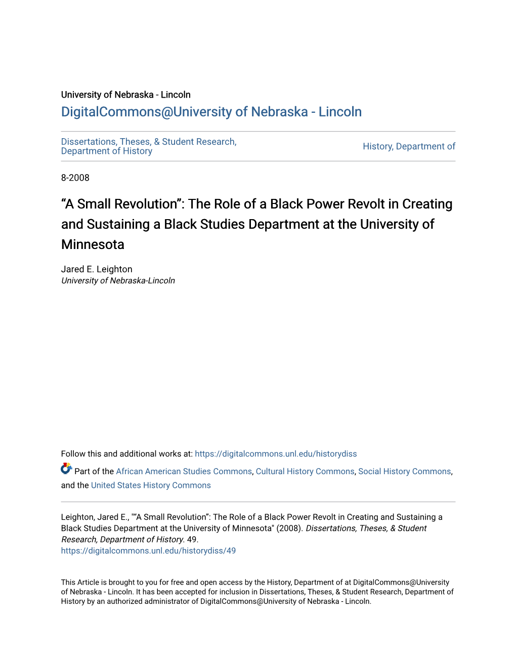 “A Small Revolution”: the Role of a Black Power Revolt in Creating and Sustaining a Black Studies Department at the University of Minnesota