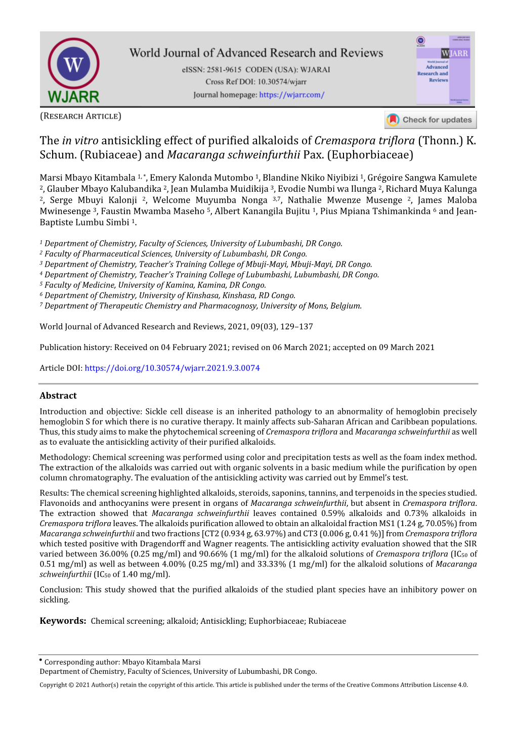 The in Vitro Antisickling Effect of Purified Alkaloids of Cremaspora Triflora (Thonn.) K
