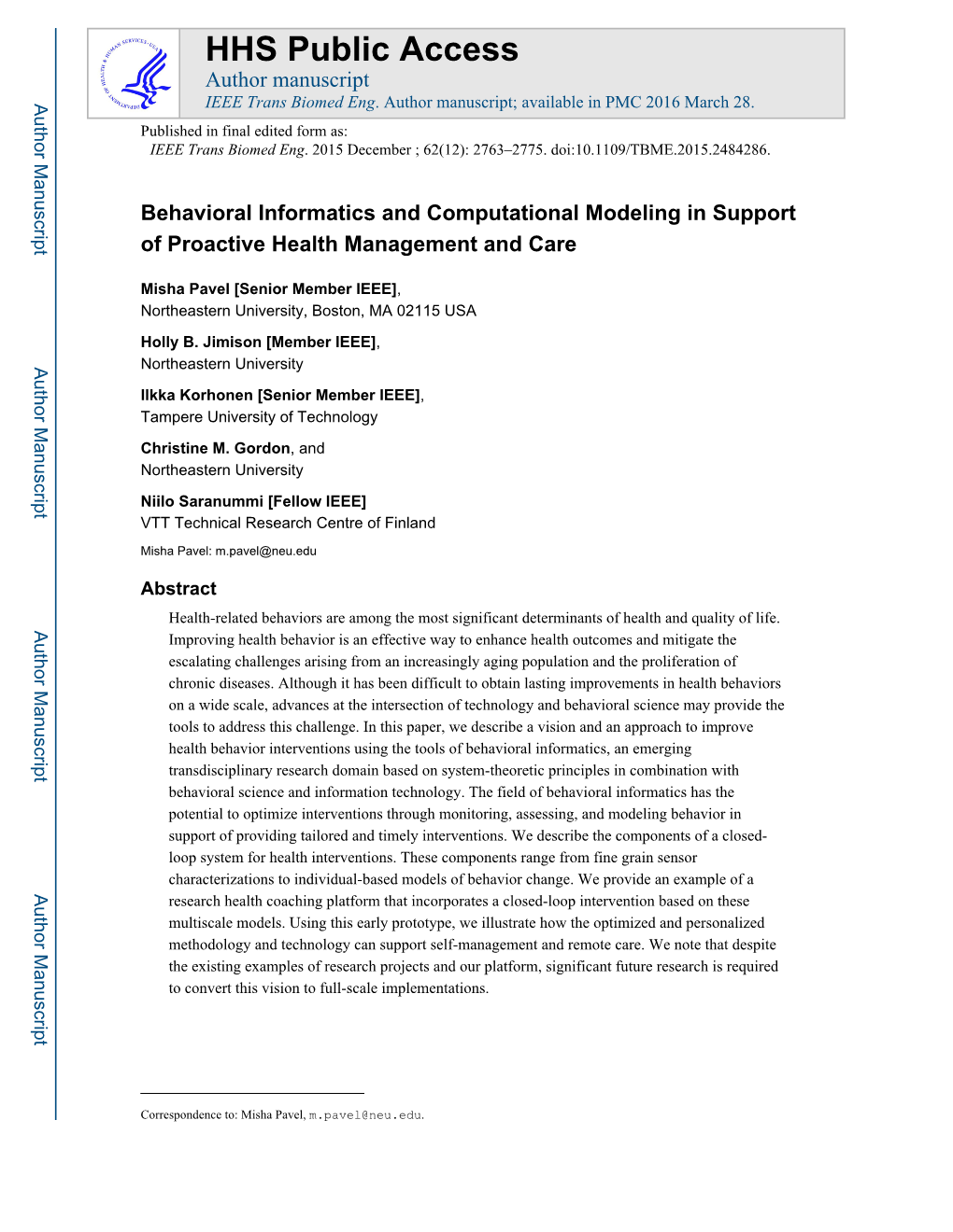 Behavioral Informatics and Computational Modeling in Support of Proactive Health Management and Care