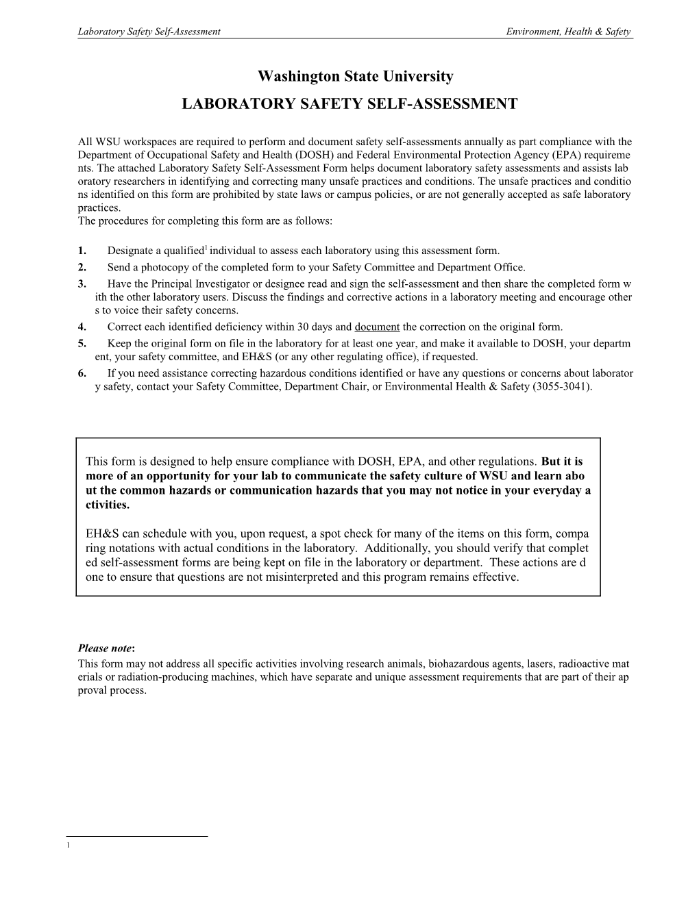 Laboratory Safety Self-Assessment Environment, Health & Safety