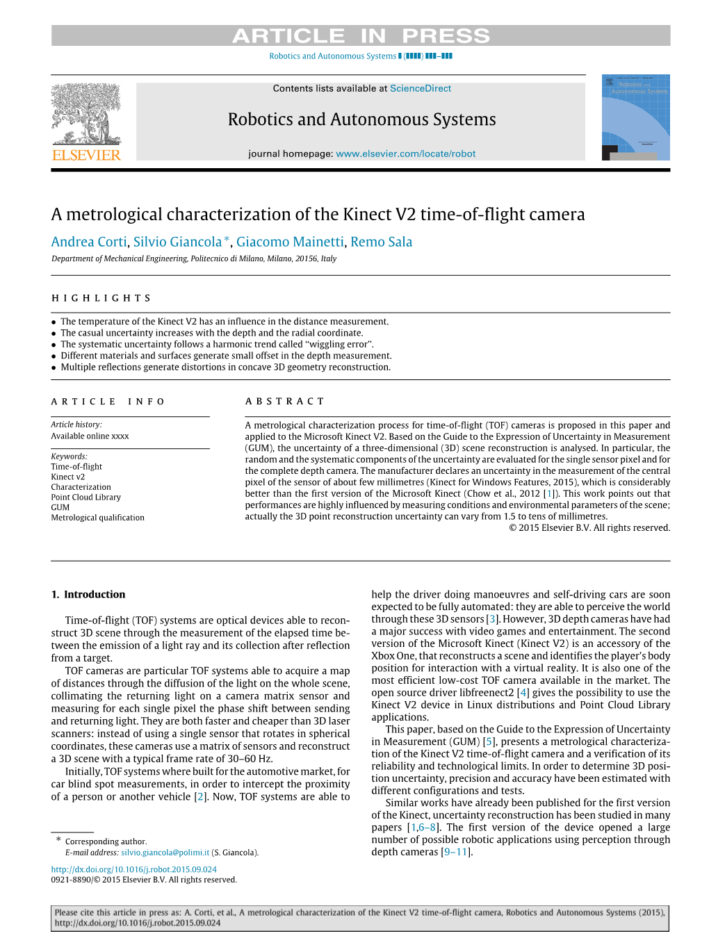 A Metrological Characterization of the Kinect V2 Time-Of-Flight Camera