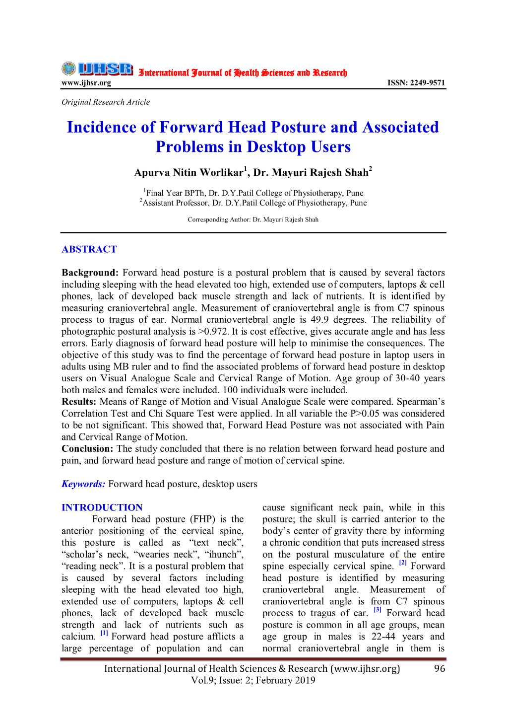 Incidence of Forward Head Posture and Associated Problems in Desktop Users