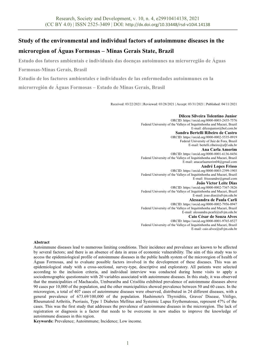 Study of the Environmental and Individual Factors of Autoimmune Diseases in the Microregion of Águas Formosas – Minas Gerais