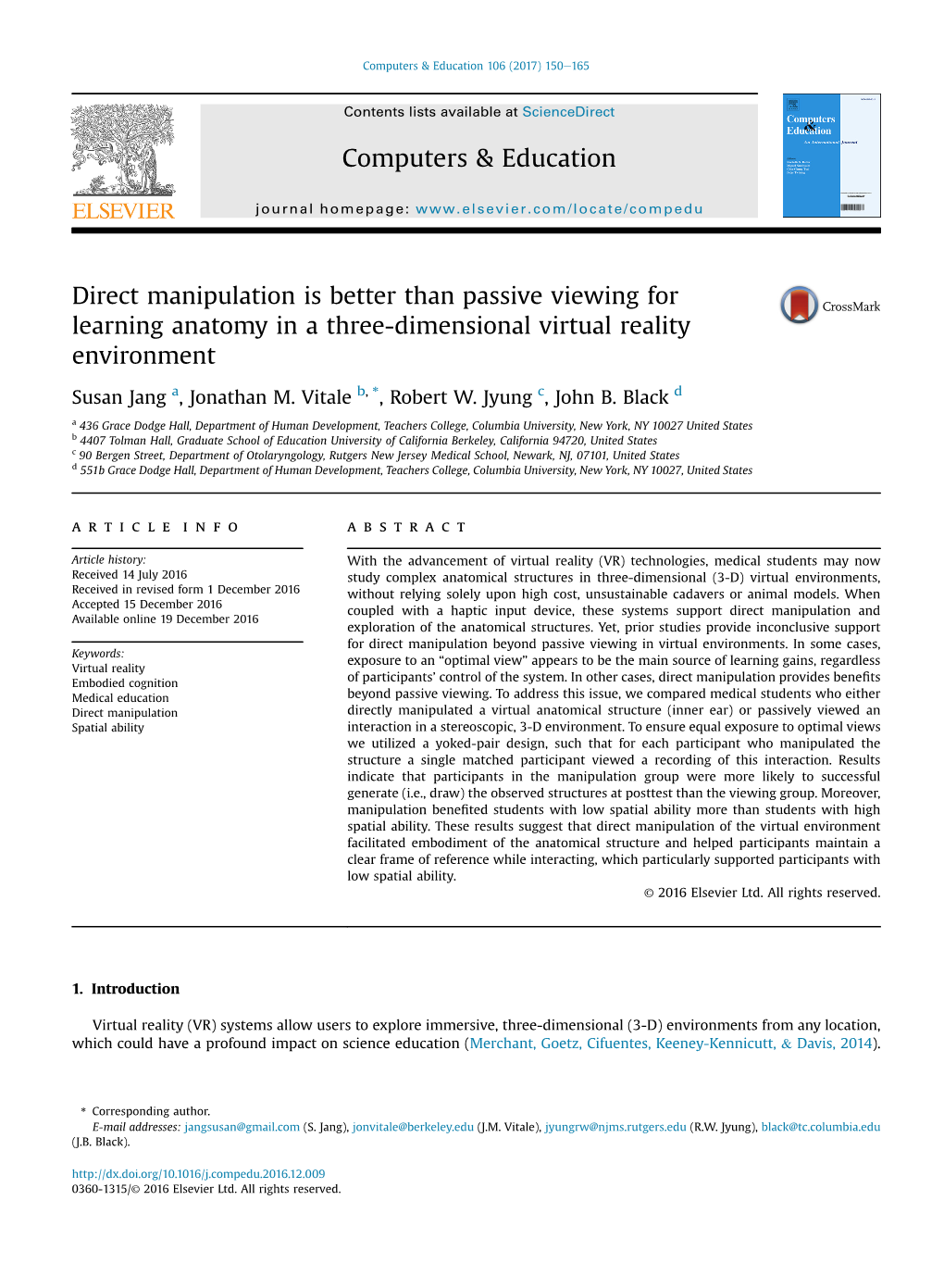 Direct Manipulation Is Better Than Passive Viewing for Learning Anatomy in a Three-Dimensional Virtual Reality Environment