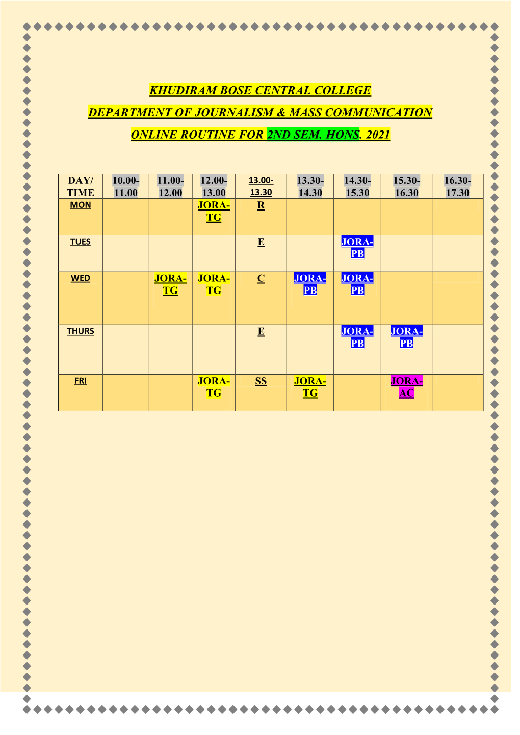 Academic Calendar 2021 of Journalism & Mass Communication