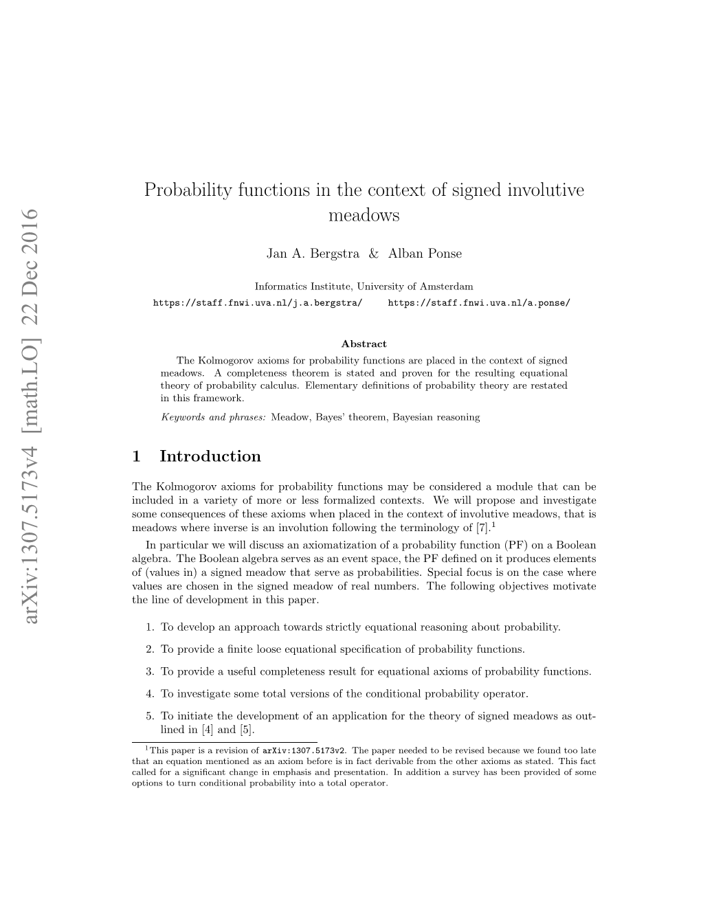 Probability Functions in the Context of Signed Involutive Meadows