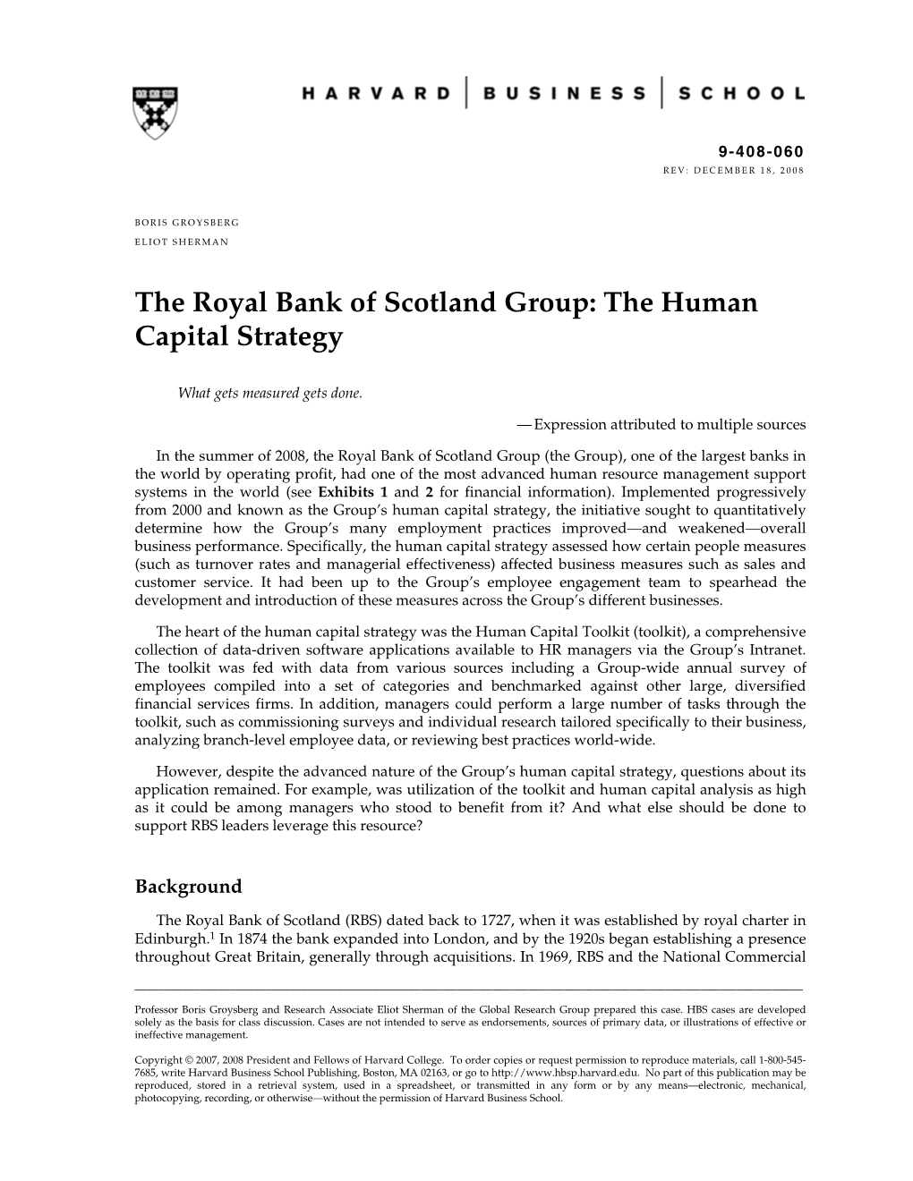 The Royal Bank of Scotland Group: the Human Capital Strategy