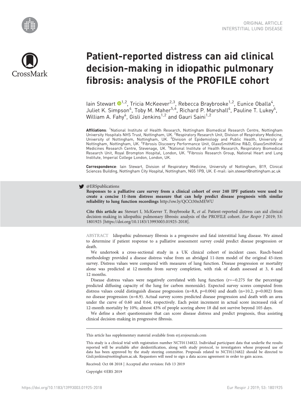 Patient-Reported Distress Can Aid Clinical Decision-Making in Idiopathic Pulmonary Fibrosis: Analysis of the PROFILE Cohort