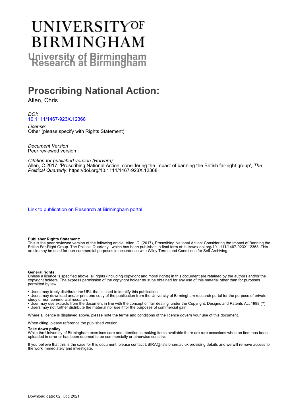 University of Birmingham Proscribing National Action