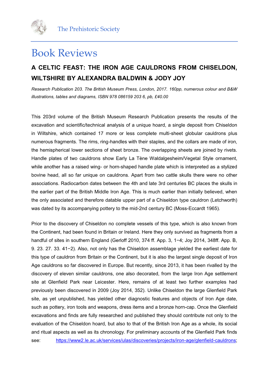 The Iron Age Cauldrons from Chiseldon, Wiltshire by Alexandra Baldwin & Jody Joy