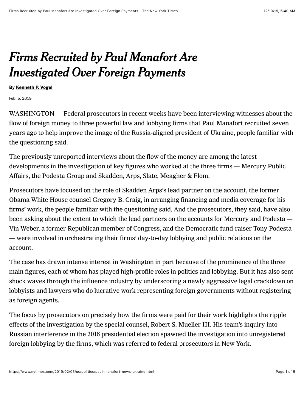 Firms Recruited by Paul Manafort Are Investigated Over Foreign Payments - the New York Times 12/10/19, 6:40 AM