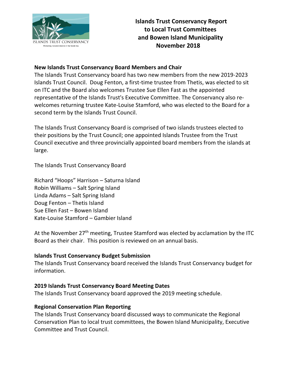 Islands Trust Conservancy Report to Local Trust Committees and Bowen Island Municipality November 2018