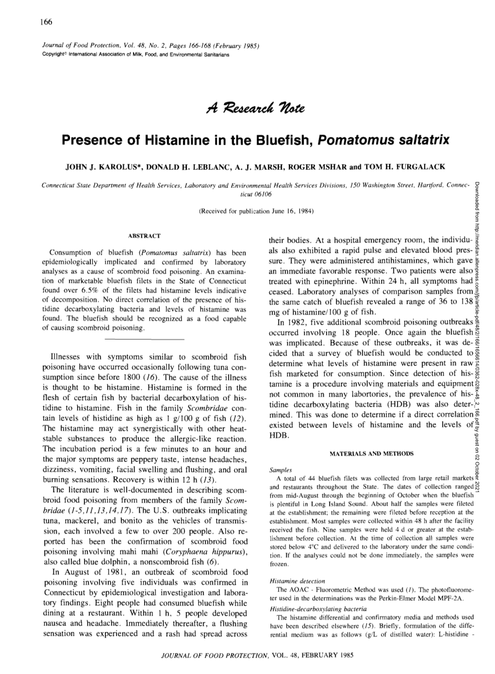 Presence of Histamine in the Bluefisii, Pomatomus Saltatrix