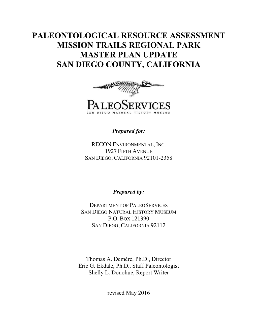 Paleontological Resource Assessment Mission Trails Regional Park Master Plan Update San Diego County, California