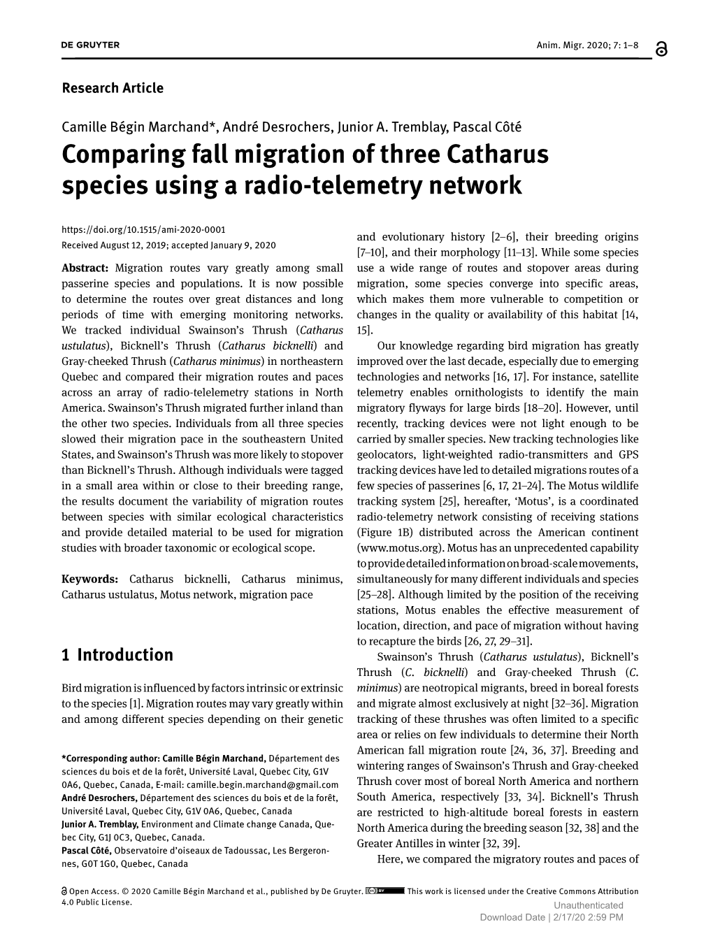 Comparing Fall Migration of Three Catharus Species Using a Radio