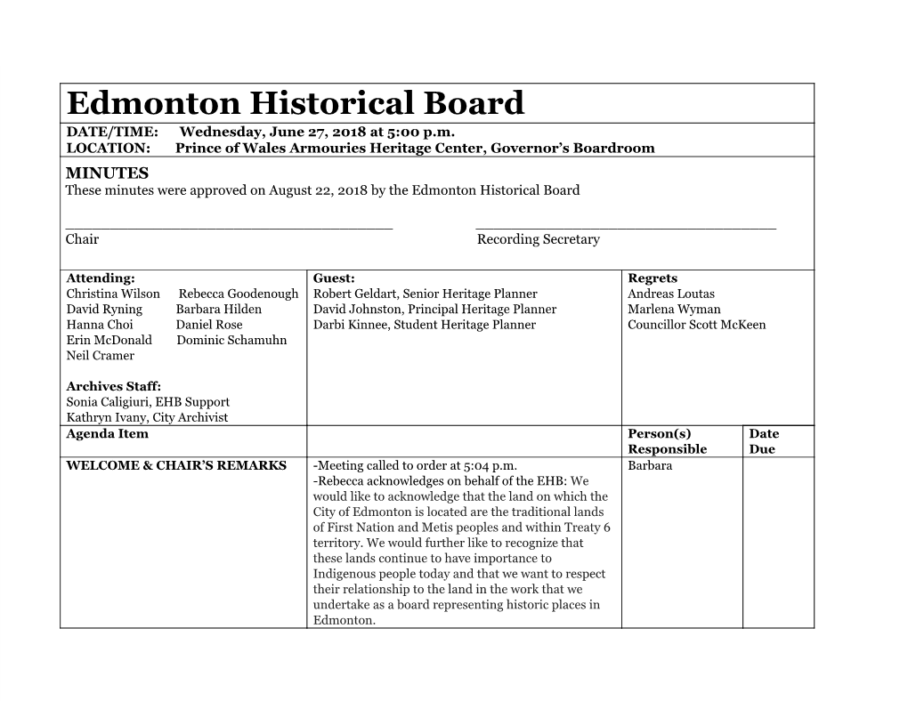 Edmonton Historical Board Minutes June 27, 2018