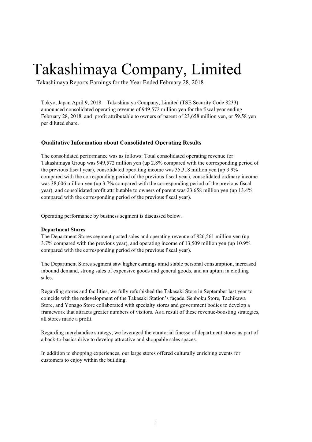 Takashimaya Reports Earnings for the Year Ended Feb. 28, 2018