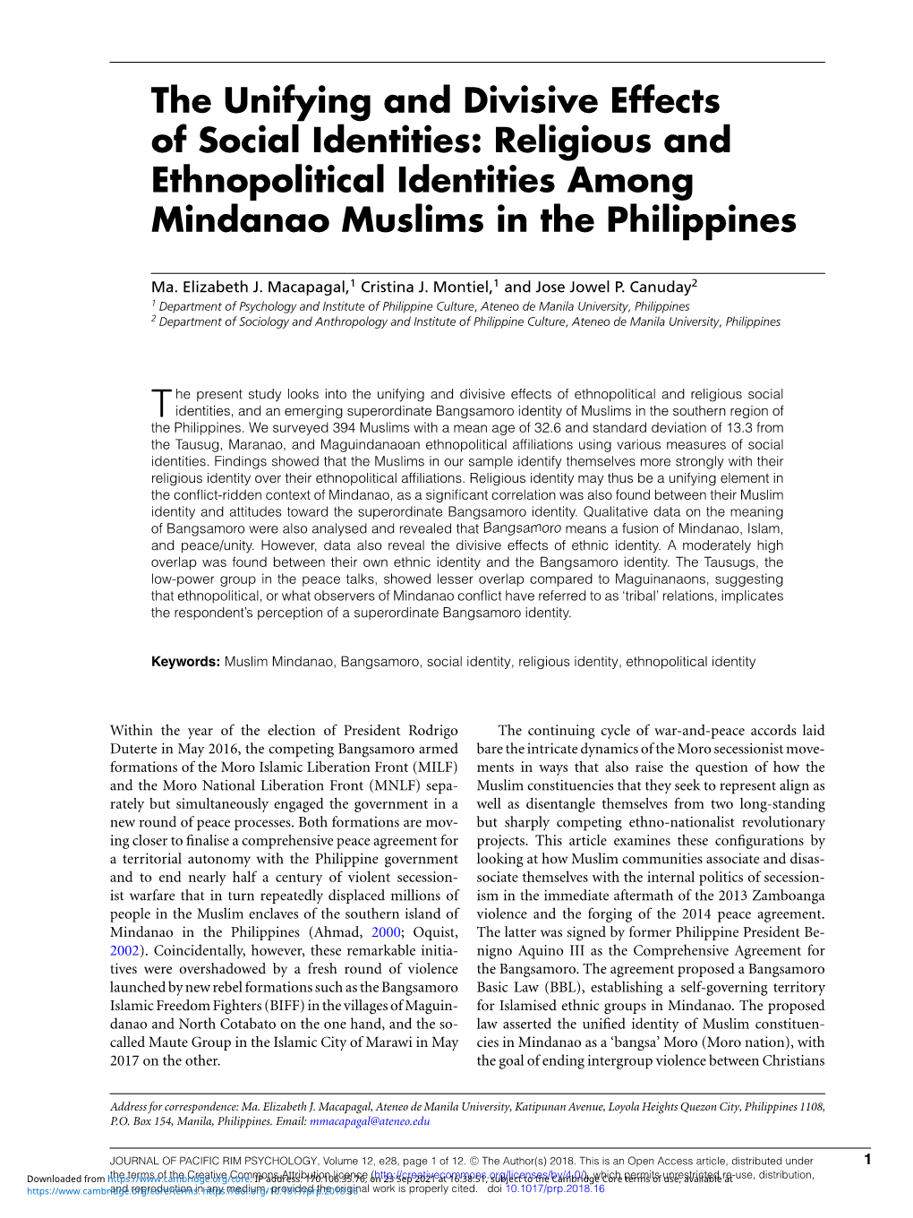 Religious and Ethnopolitical Identities Among Mindanao Muslims in the Philippines