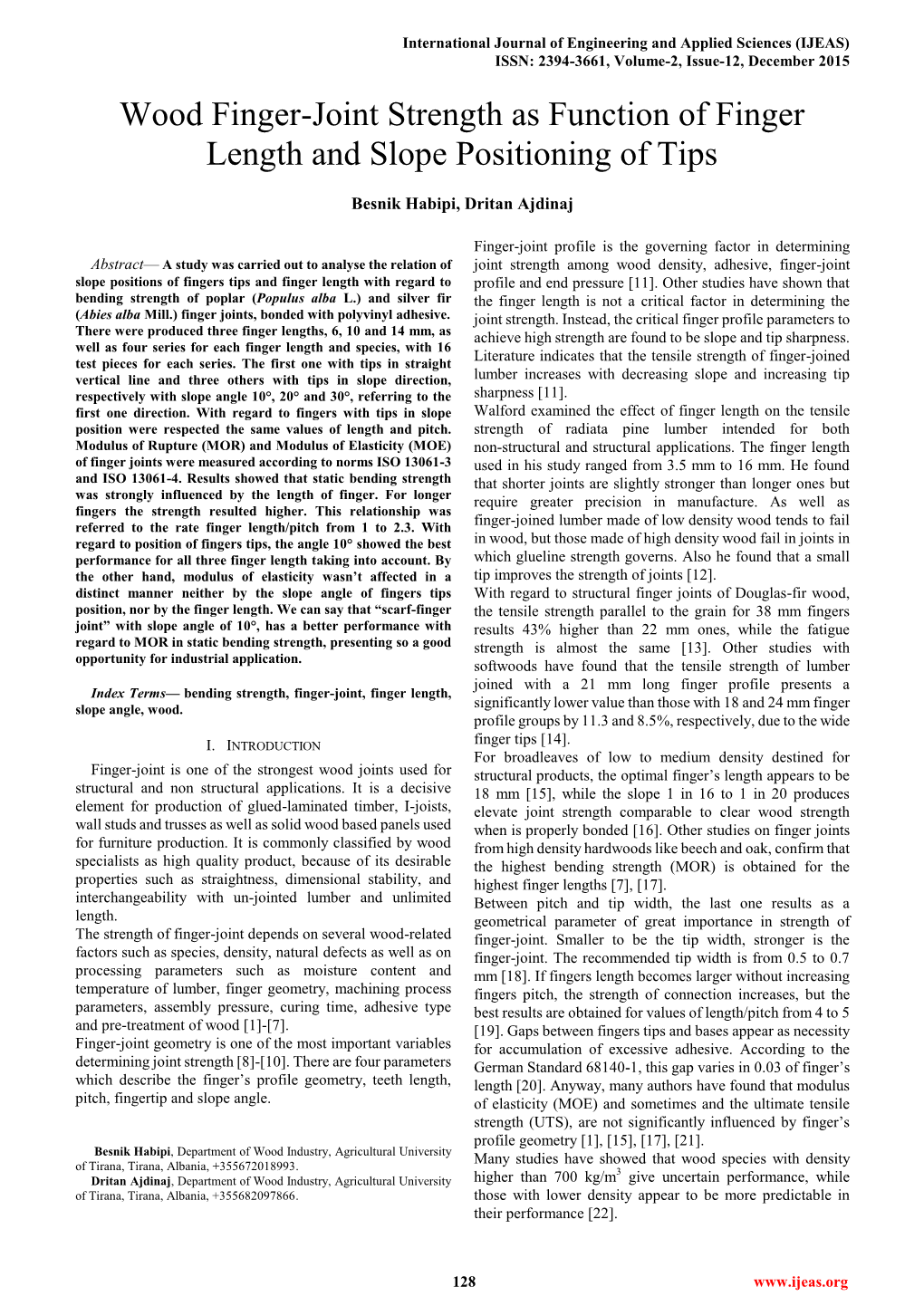 Wood Finger-Joint Strength As Function of Finger Length and Slope Positioning of Tips